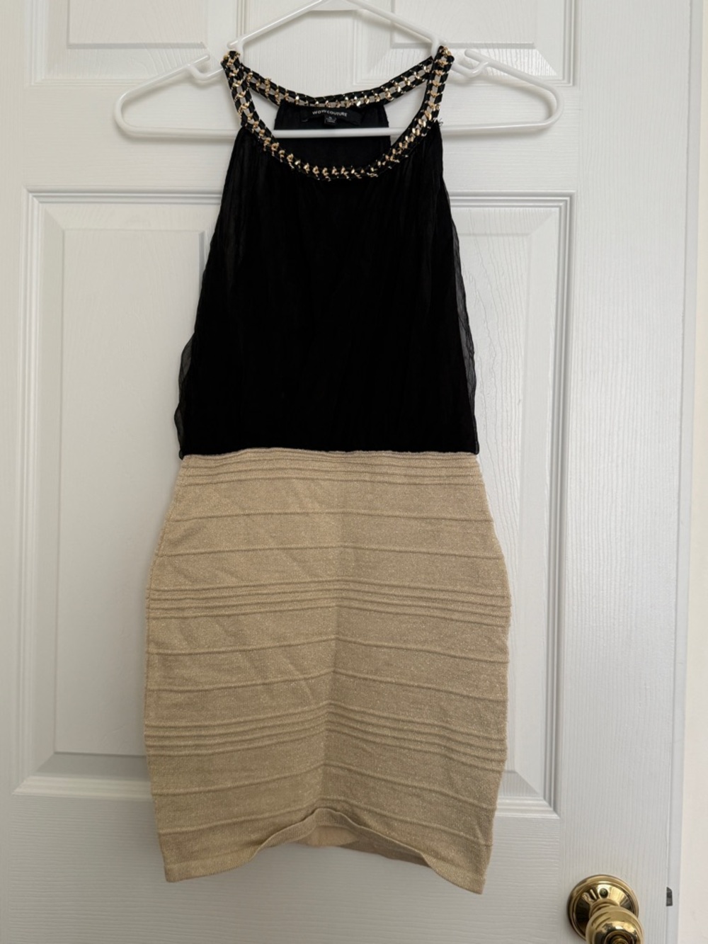 WOW couture Black and Gold Beaded Halter Mini Dress